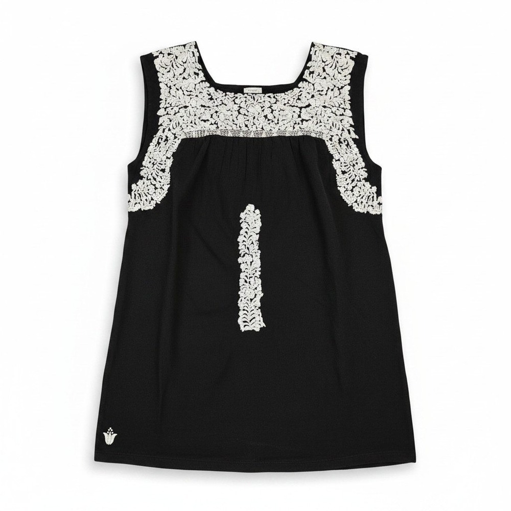 J.Marie Black White Floral Embroidered Sleeveless Tunic Top Rayon Linen Blend M